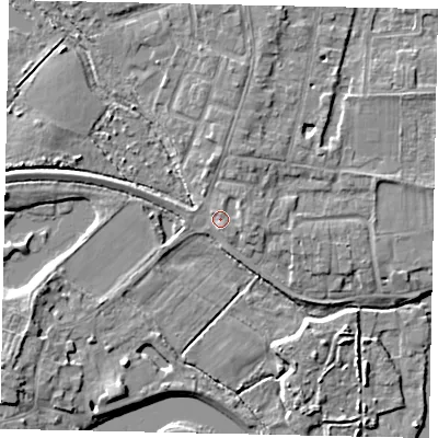 Shaded relief map of the ground around TW179BQ, computed from Environment Agency LiDAR. The ground here sits at about 11 m above sea level and falls 6 m across the surrounding 800 m. Surface water reaching this point runs off ground lying to the north-east, 2.2 m higher.