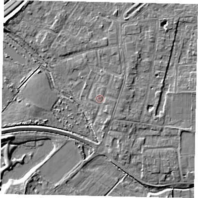 Shaded relief map of the ground around TW179BS, computed from Environment Agency LiDAR. The ground here sits at about 13 m above sea level and falls 8 m across the surrounding 800 m. Surface water reaching this point runs off ground lying to the east-north-east, 1.1 m higher.