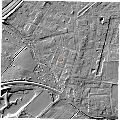 Shaded relief map of the ground around TW179BT, computed from Environment Agency LiDAR. The ground here sits at about 12 m above sea level and falls 8 m across the surrounding 800 m. Surface water reaching this point runs off ground lying to the east, 1.2 m higher.
