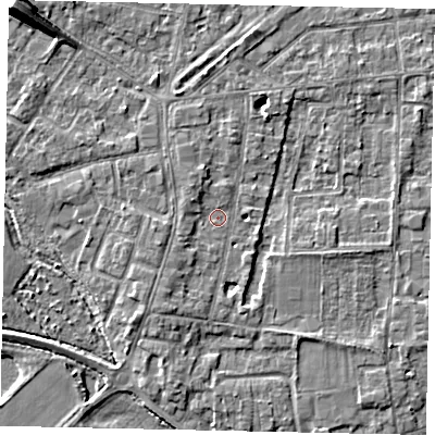 Shaded relief map of the ground around TW179DQ, computed from Environment Agency LiDAR. The ground here sits at about 12 m above sea level and falls 10 m across the surrounding 800 m. Surface water reaching this point runs off ground lying to the south-south-west, 3.2 m higher.