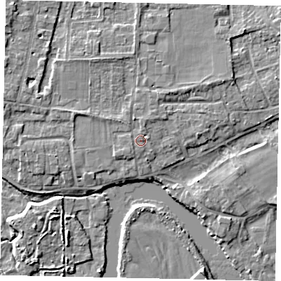 Shaded relief map of the ground around TW179ED, computed from Environment Agency LiDAR. The ground here sits at about 12 m above sea level and falls 5 m across the surrounding 800 m. The ground contributing surface water to this point lies to the west-north-west.