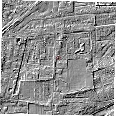 Shaded relief map of the ground around TW179EE, computed from Environment Agency LiDAR. The ground here sits at about 12 m above sea level and falls 6 m across the surrounding 800 m. Surface water reaching this point runs off ground lying to the south-south-west, 1.3 m higher.
