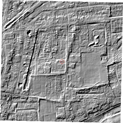 Shaded relief map of the ground around TW179EP, computed from Environment Agency LiDAR. The ground here sits at about 12 m above sea level and falls 4 m across the surrounding 800 m. Surface water reaching this point runs off ground lying to the south-south-west, 1.6 m higher.