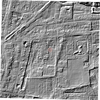 Shaded relief map of the ground around TW179ER, computed from Environment Agency LiDAR. The ground here sits at about 11 m above sea level and falls 6 m across the surrounding 800 m. Surface water reaching this point runs off ground lying to the south-south-west, 2.1 m higher.