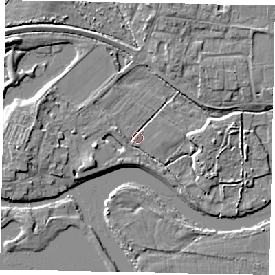 Shaded relief map of the ground around TW179HB, computed from Environment Agency LiDAR. The ground here sits at about 10 m above sea level and falls 7 m across the surrounding 800 m. Surface water reaching this point runs off ground lying to the west-south-west, 3.3 m higher.