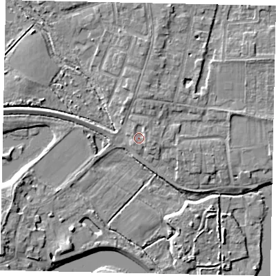 Shaded relief map of the ground around TW179HE, computed from Environment Agency LiDAR. The ground here sits at about 12 m above sea level and falls 5 m across the surrounding 800 m. Surface water reaching this point runs off ground lying to the north-north-east, 1.7 m higher.