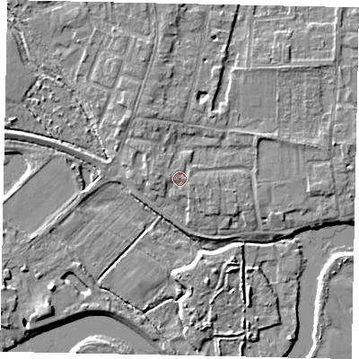 Shaded relief map of the ground around TW179HH, computed from Environment Agency LiDAR. The ground here sits at about 12 m above sea level and falls 5 m across the surrounding 800 m. Surface water reaching this point runs off ground lying to the east-south-east, 1.1 m higher.