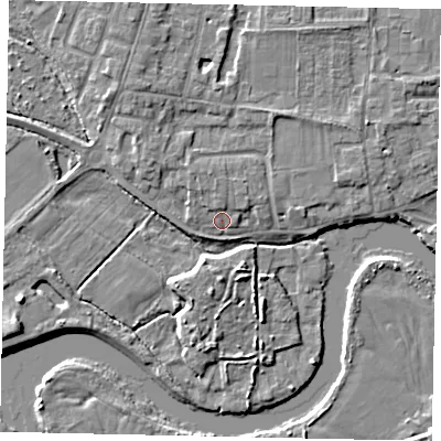 Shaded relief map of the ground around TW179HL, computed from Environment Agency LiDAR. The ground here sits at about 11 m above sea level and falls 5 m across the surrounding 800 m. Surface water reaching this point runs off ground lying to the north, 1.9 m higher.