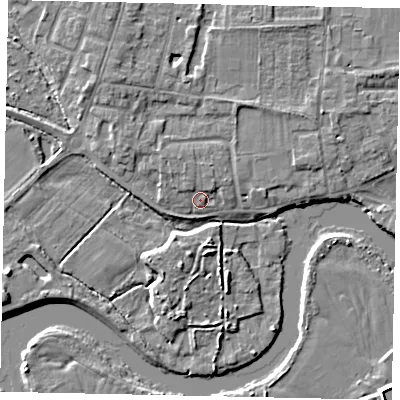 Shaded relief map of the ground around TW179HP, computed from Environment Agency LiDAR. The ground here sits at about 11 m above sea level and falls 5 m across the surrounding 800 m. Surface water reaching this point runs off ground lying to the north-north-west, 1.7 m higher.