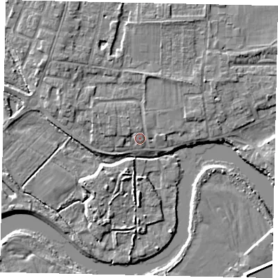 Shaded relief map of the ground around TW179HS, computed from Environment Agency LiDAR. The ground here sits at about 12 m above sea level and falls 5 m across the surrounding 800 m. Surface water reaching this point runs off ground lying to the north-west, 2.7 m higher.