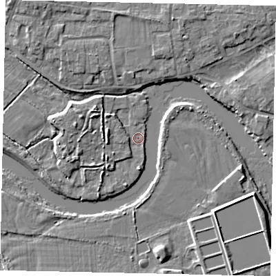 Shaded relief map of the ground around TW179HY, computed from Environment Agency LiDAR. The ground here sits at about 9 m above sea level and falls 5 m across the surrounding 800 m. Surface water reaching this point runs off ground lying to the west-north-west, 3.7 m higher.