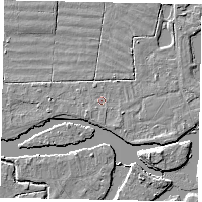 Shaded relief map of the ground around TW179JA, computed from Environment Agency LiDAR. The ground here sits at about 11 m above sea level and falls 6 m across the surrounding 800 m. Surface water reaching this point runs off ground lying to the south-west, 1.3 m higher.