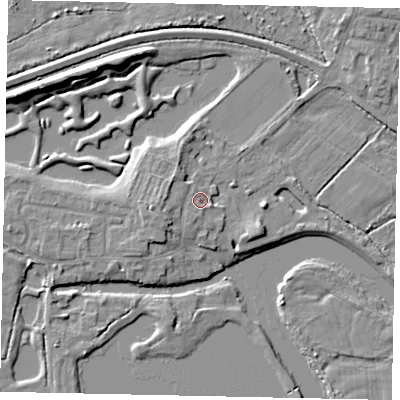 Shaded relief map of the ground around TW179JR, computed from Environment Agency LiDAR. The ground here sits at about 12 m above sea level and falls 8 m across the surrounding 800 m. Surface water reaching this point runs off ground lying to the south-south-west, 2.0 m higher.