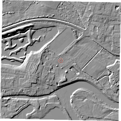 Shaded relief map of the ground around TW179JS, computed from Environment Agency LiDAR. The ground here sits at about 11 m above sea level and falls 8 m across the surrounding 800 m. Surface water reaching this point runs off ground lying to the south-west, 2.2 m higher.