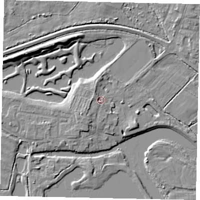 Shaded relief map of the ground around TW179JT, computed from Environment Agency LiDAR. The ground here sits at about 11 m above sea level and falls 8 m across the surrounding 800 m. Surface water reaching this point runs off ground lying to the south-west, 2.3 m higher.