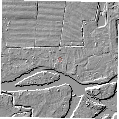 Shaded relief map of the ground around TW179JW, computed from Environment Agency LiDAR. The ground here sits at about 11 m above sea level and falls 6 m across the surrounding 800 m. Surface water reaching this point runs off ground lying to the south-west, 1.3 m higher.