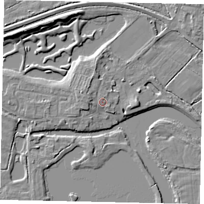 Shaded relief map of the ground around TW179JY, computed from Environment Agency LiDAR. The ground here sits at about 12 m above sea level and falls 8 m across the surrounding 800 m. Surface water reaching this point runs off ground lying to the west-north-west, 2.0 m higher.