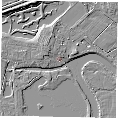 Shaded relief map of the ground around TW179JZ, computed from Environment Agency LiDAR. The ground here sits at about 11 m above sea level and falls 8 m across the surrounding 800 m. Surface water reaching this point runs off ground lying to the north-north-west, 2.2 m higher.