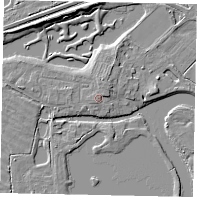 Shaded relief map of the ground around TW179LB, computed from Environment Agency LiDAR. The ground here sits at about 12 m above sea level and falls 8 m across the surrounding 800 m. Surface water reaching this point runs off ground lying to the north-north-east, 1.5 m higher.