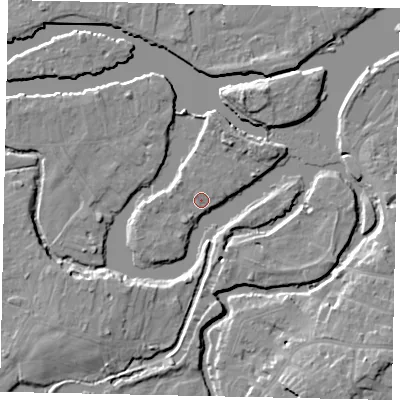 Shaded relief map of the ground around TW179LP, computed from Environment Agency LiDAR. The ground here sits at about 11 m above sea level and falls 9 m across the surrounding 800 m. Surface water reaching this point runs off ground lying to the north-west, 1.4 m higher.