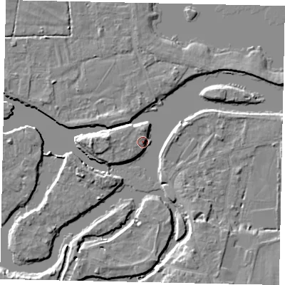 Shaded relief map of the ground around TW179LW, computed from Environment Agency LiDAR. The ground here sits at about 11 m above sea level and falls 7 m across the surrounding 800 m. Surface water reaching this point runs off ground lying to the south-east, 4.3 m higher.