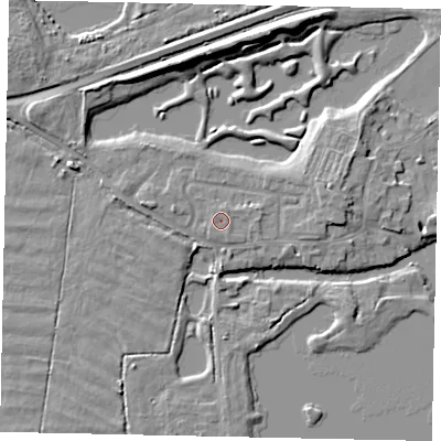 Shaded relief map of the ground around TW179NJ, computed from Environment Agency LiDAR. The ground here sits at about 12 m above sea level and falls 8 m across the surrounding 800 m. The ground contributing surface water to this point lies to the north.