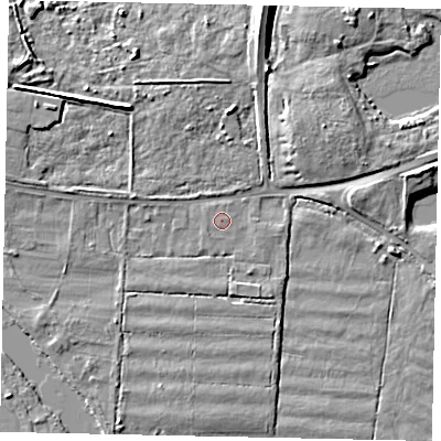 Shaded relief map of the ground around TW179NS, computed from Environment Agency LiDAR. The ground here sits at about 11 m above sea level and falls 9 m across the surrounding 800 m. The ground contributing surface water to this point lies to the south-west.