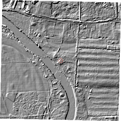 Shaded relief map of the ground around TW179NT, computed from Environment Agency LiDAR. The ground here sits at about 12 m above sea level and falls 6 m across the surrounding 800 m. Surface water reaching this point runs off ground lying to the north-west, 1.0 m higher.