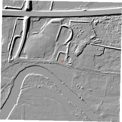 Shaded relief map of the ground around TW179NX, computed from Environment Agency LiDAR. The ground here sits at about 12 m above sea level and falls 10 m across the surrounding 800 m. Surface water reaching this point runs off ground lying to the north-east, 3.5 m higher.