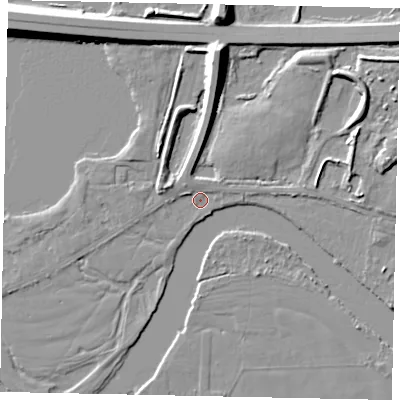 Shaded relief map of the ground around TW179PB, computed from Environment Agency LiDAR. The ground here sits at about 12 m above sea level and falls 10 m across the surrounding 800 m. Surface water reaching this point runs off ground lying to the west-north-west, 2.9 m higher.