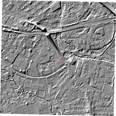 Shaded relief map of the ground around TW181AA, computed from Environment Agency LiDAR. The ground here sits at about 15 m above sea level and falls 7 m across the surrounding 800 m. Surface water reaching this point runs off ground lying to the north-north-west, 5.5 m higher.