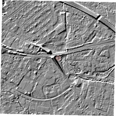 Shaded relief map of the ground around TW181AB, computed from Environment Agency LiDAR. The ground here sits at about 14 m above sea level and falls 7 m across the surrounding 800 m. Surface water reaching this point runs off ground lying to the west, 6.6 m higher.