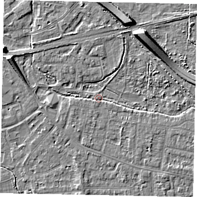 Shaded relief map of the ground around TW181AD, computed from Environment Agency LiDAR. The ground here sits at about 14 m above sea level and falls 8 m across the surrounding 800 m. Surface water reaching this point runs off ground lying to the south-west, 1.4 m higher.