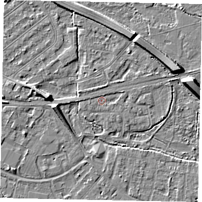 Shaded relief map of the ground around TW181AE, computed from Environment Agency LiDAR. The ground here sits at about 15 m above sea level and falls 8 m across the surrounding 800 m. Surface water reaching this point runs off ground lying to the east-north-east, 1.4 m higher.
