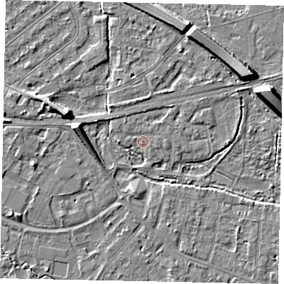 Shaded relief map of the ground around TW181AG, computed from Environment Agency LiDAR. The ground here sits at about 15 m above sea level and falls 8 m across the surrounding 800 m. Surface water reaching this point runs off ground lying to the north-east, 1.4 m higher.