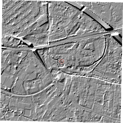 Shaded relief map of the ground around TW181AH, computed from Environment Agency LiDAR. The ground here sits at about 14 m above sea level and falls 8 m across the surrounding 800 m. Surface water reaching this point runs off ground lying to the north-east, 2.0 m higher.