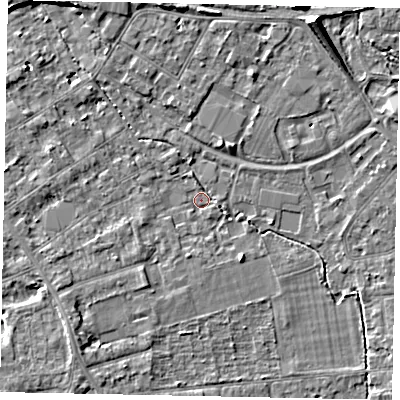 Shaded relief map of the ground around TW181AJ, computed from Environment Agency LiDAR. The ground here sits at about 14 m above sea level and falls 7 m across the surrounding 800 m. Surface water reaching this point runs off ground lying to the south-west, 2.9 m higher.