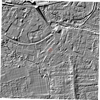 Shaded relief map of the ground around TW181AN, computed from Environment Agency LiDAR. The ground here sits at about 15 m above sea level and falls 7 m across the surrounding 800 m. Surface water reaching this point runs off ground lying to the north-east, 0.6 m higher.