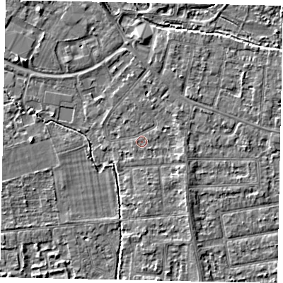 Shaded relief map of the ground around TW181AP, computed from Environment Agency LiDAR. The ground here sits at about 14 m above sea level and falls 4 m across the surrounding 800 m. Surface water reaching this point runs off ground lying to the south-east, 2.5 m higher.