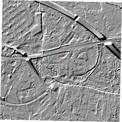 Shaded relief map of the ground around TW181AQ, computed from Environment Agency LiDAR. The ground here sits at about 15 m above sea level and falls 8 m across the surrounding 800 m. Surface water reaching this point runs off ground lying to the north-east, 1.4 m higher.