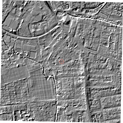 Shaded relief map of the ground around TW181AR, computed from Environment Agency LiDAR. The ground here sits at about 15 m above sea level and falls 5 m across the surrounding 800 m. Surface water reaching this point runs off ground lying to the south-east, 2.5 m higher.