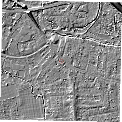 Shaded relief map of the ground around TW181AS, computed from Environment Agency LiDAR. The ground here sits at about 15 m above sea level and falls 7 m across the surrounding 800 m. Surface water reaching this point runs off ground lying to the west-north-west, 0.8 m higher.