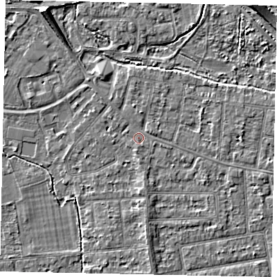 Shaded relief map of the ground around TW181AT, computed from Environment Agency LiDAR. The ground here sits at about 15 m above sea level and falls 7 m across the surrounding 800 m. Surface water reaching this point runs off ground lying to the south, 0.8 m higher.