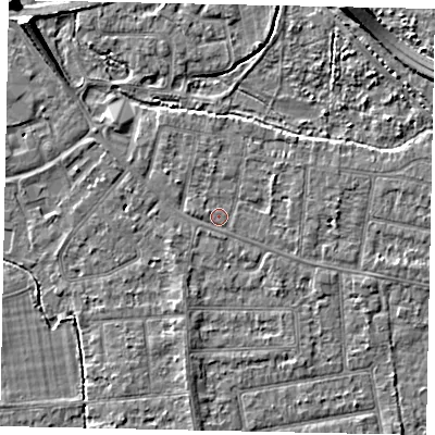 Shaded relief map of the ground around TW181AU, computed from Environment Agency LiDAR. The ground here sits at about 15 m above sea level and falls 7 m across the surrounding 800 m. Surface water reaching this point runs off ground lying to the north-west, 1.1 m higher.