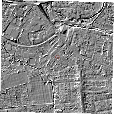 Shaded relief map of the ground around TW181AW, computed from Environment Agency LiDAR. The ground here sits at about 15 m above sea level and falls 7 m across the surrounding 800 m. Surface water reaching this point runs off ground lying to the north-north-east, 0.6 m higher.
