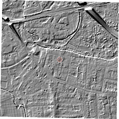 Shaded relief map of the ground around TW181AY, computed from Environment Agency LiDAR. The ground here sits at about 15 m above sea level and falls 8 m across the surrounding 800 m. Surface water reaching this point runs off ground lying to the south-south-east, 0.5 m higher.