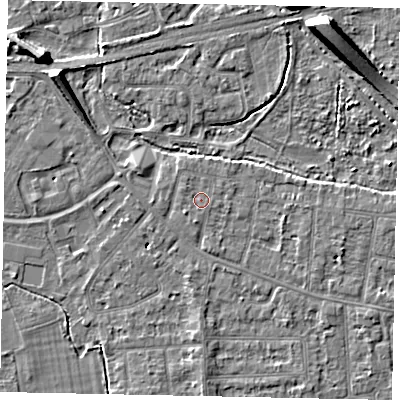 Shaded relief map of the ground around TW181AZ, computed from Environment Agency LiDAR. The ground here sits at about 15 m above sea level and falls 8 m across the surrounding 800 m. Surface water reaching this point runs off ground lying to the south-south-west, 0.8 m higher.