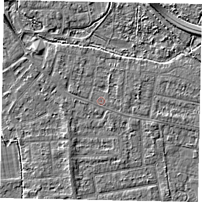 Shaded relief map of the ground around TW181BA, computed from Environment Agency LiDAR. The ground here sits at about 15 m above sea level and falls 5 m across the surrounding 800 m. Surface water reaching this point runs off ground lying to the east-north-east, 1.1 m higher.