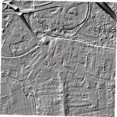 Shaded relief map of the ground around TW181BB, computed from Environment Agency LiDAR. The ground here sits at about 15 m above sea level and falls 8 m across the surrounding 800 m. Surface water reaching this point runs off ground lying to the north, 0.9 m higher.