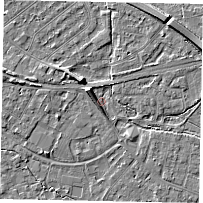 Shaded relief map of the ground around TW181BD, computed from Environment Agency LiDAR. The ground here sits at about 14 m above sea level and falls 7 m across the surrounding 800 m. Surface water reaching this point runs off ground lying to the west-north-west, 5.5 m higher.